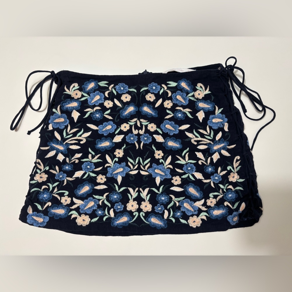 Zara Navy Mini Skirt with Blue and Cream Floral Embroidery
